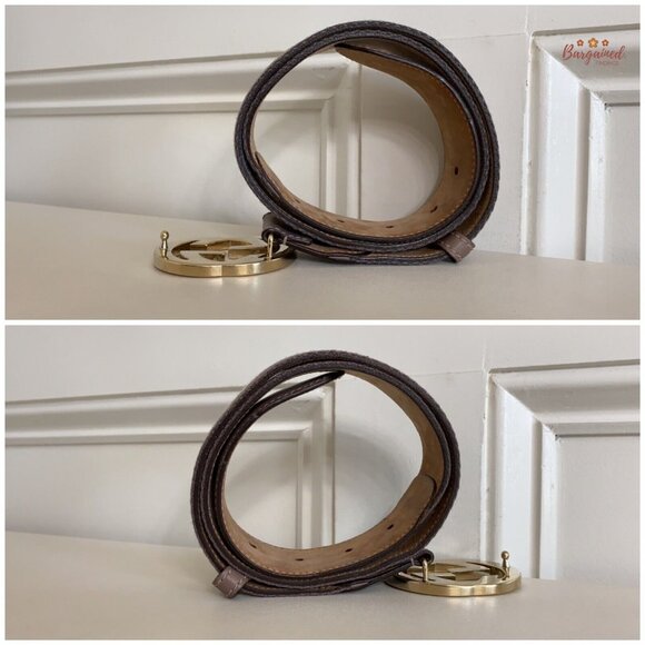 Authentic Gucci Taupe/Pink Web Leather Gold Interlocking G Buckle Belt 80/32 - Picture 9 of 13